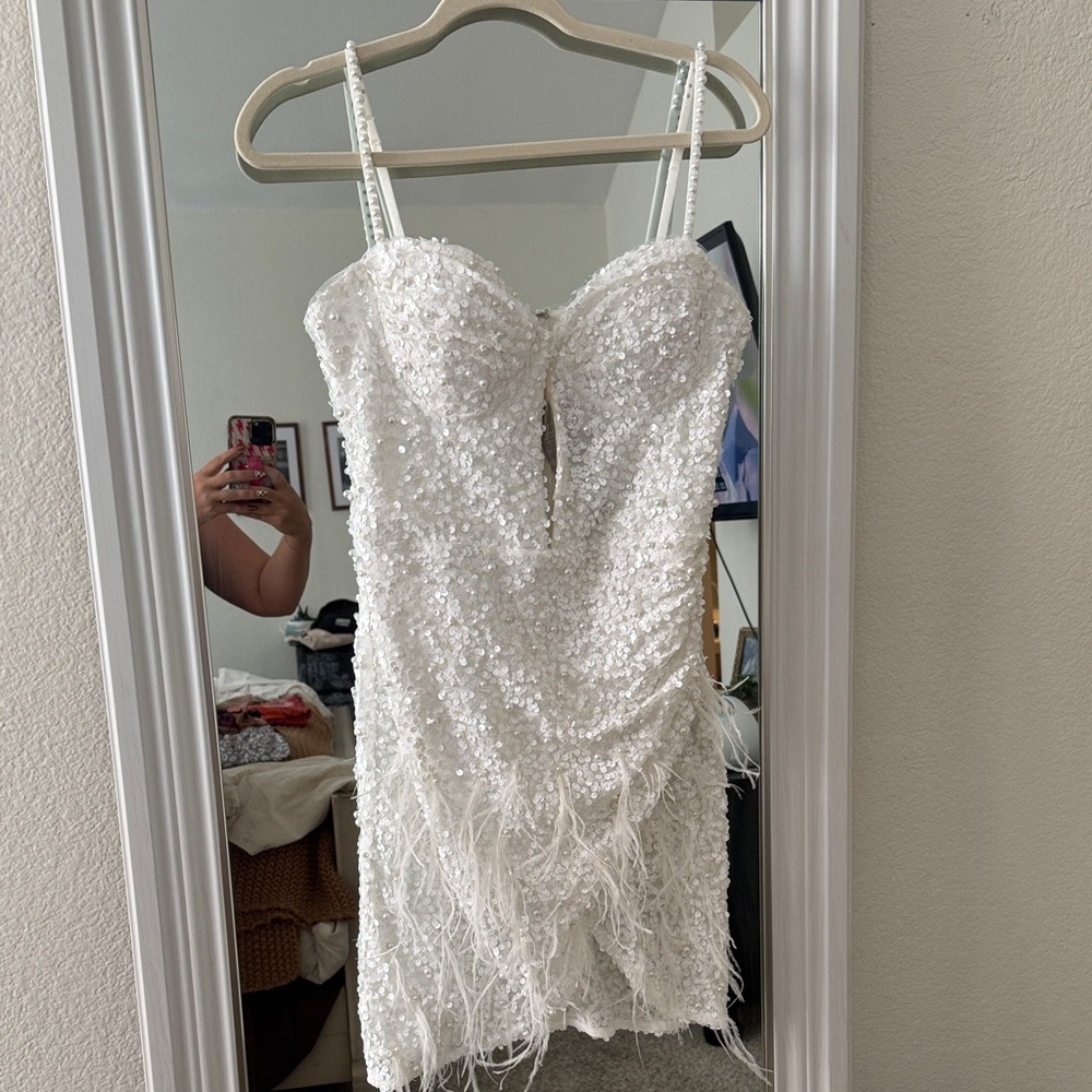 Fashion Nova White Sequin/Pearl/Feather Dress